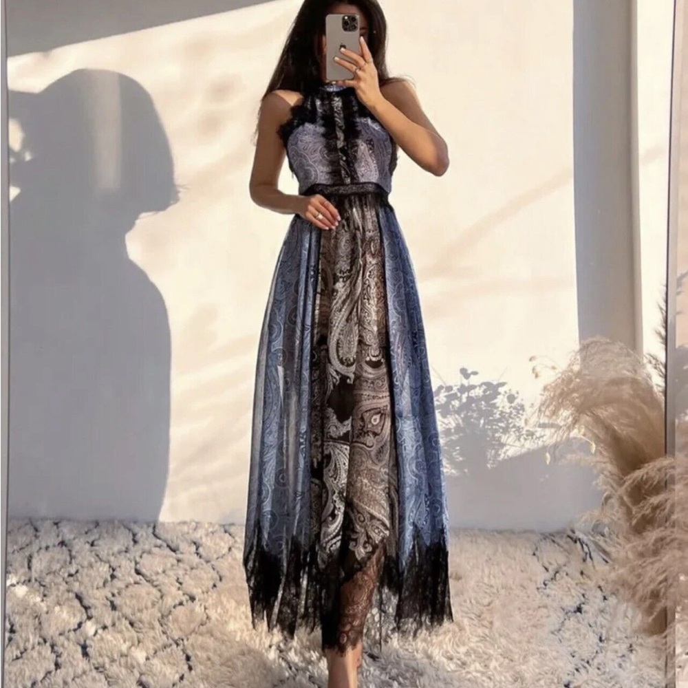 Zara Blue and Black Paisley Lace Maxi Dress